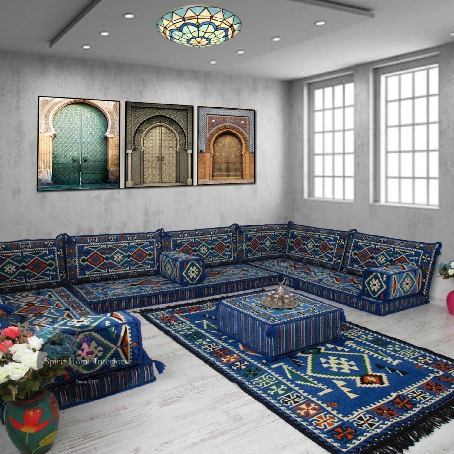 ANATOLIA Blue Nine Seater Modular U-Shaped Floor Sofa Set