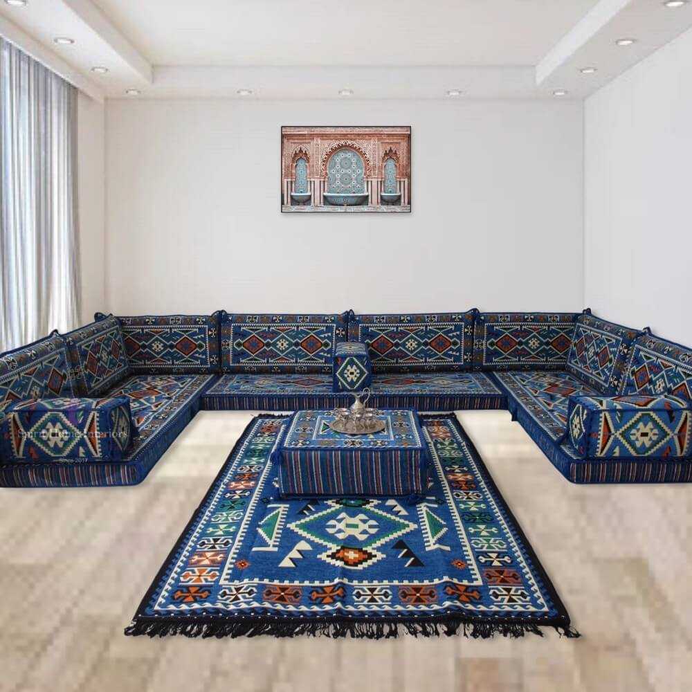 ANATOLIA Blue Nine Seater Modular U-Shaped Floor Sofa Set