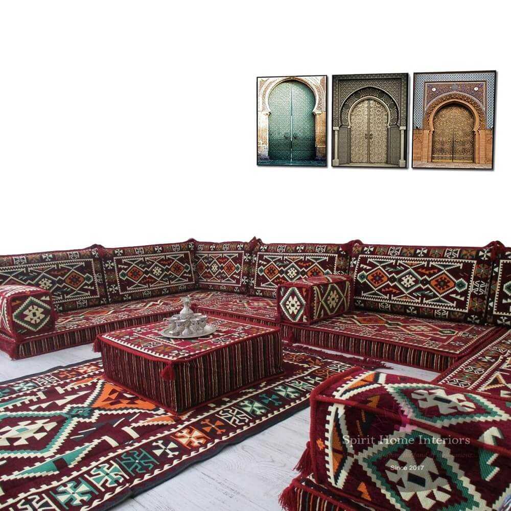 ANATOLIA Burgundy Nine Seater Modular U-Shaped Floor Sofa Set