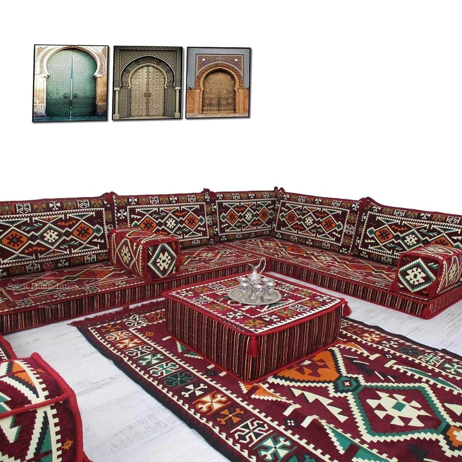 ANATOLIA Burgundy Nine Seater Modular U-Shaped Floor Sofa Set