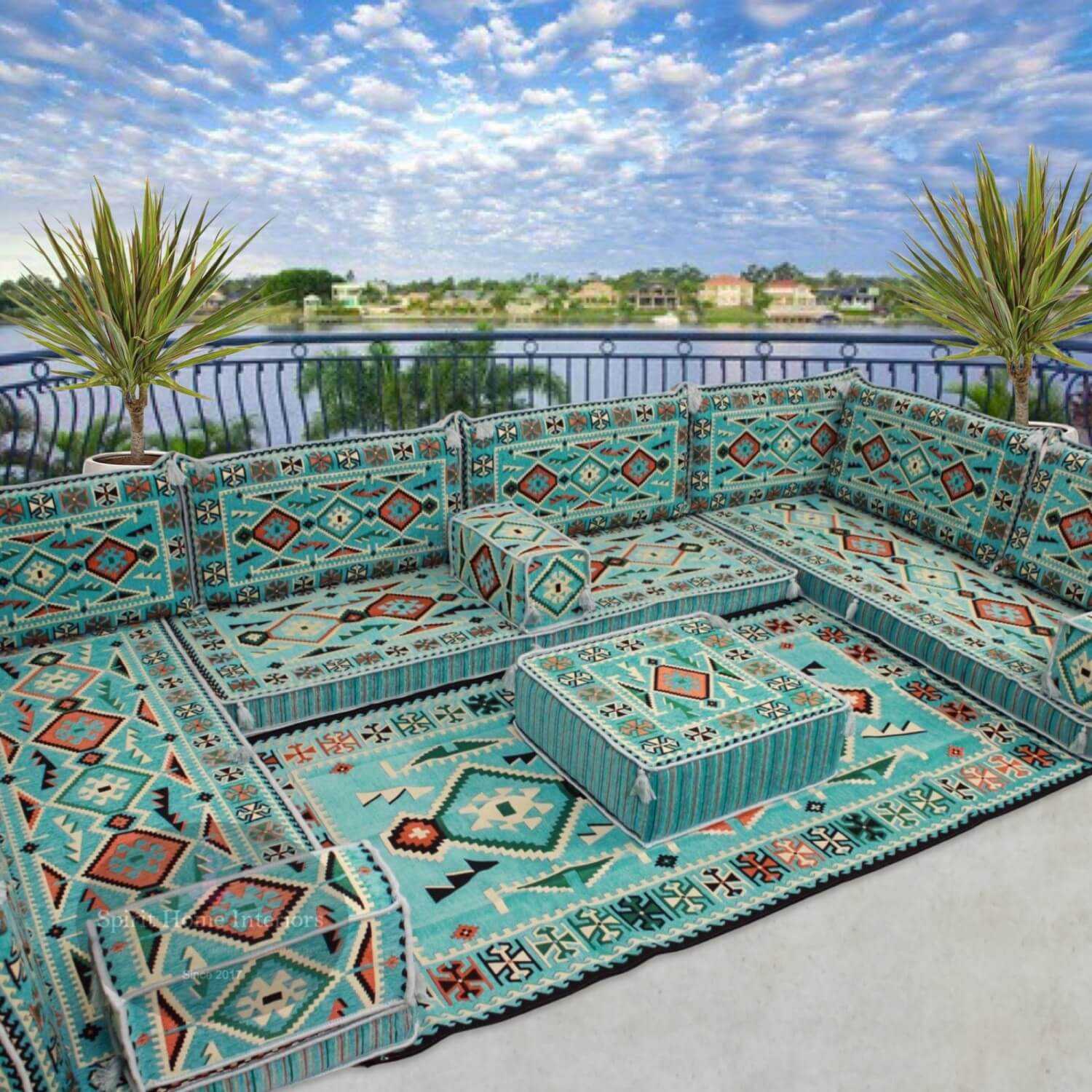 ANATOLIA Turquoise Nine Seater Modular U-Shaped Floor Sofa Set