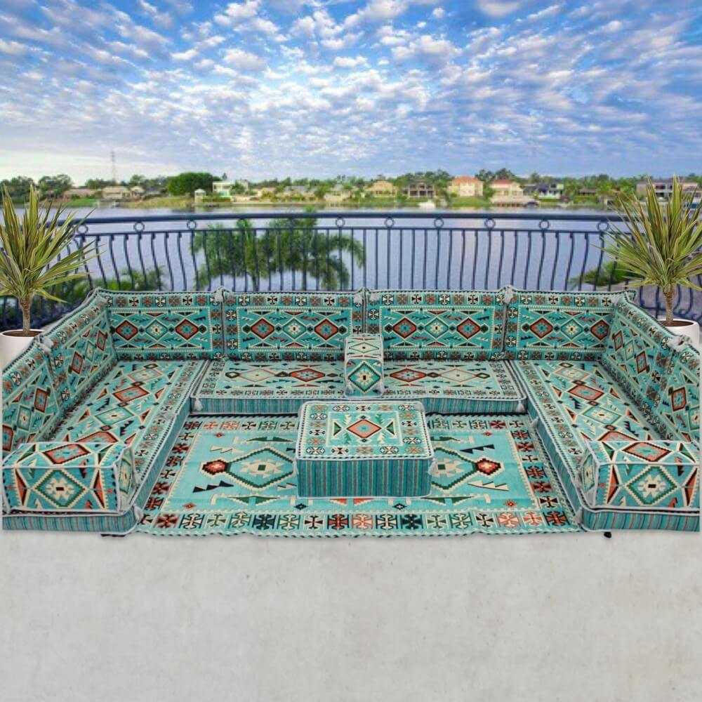 ANATOLIA Turquoise Nine Seater Modular U-Shaped Floor Sofa Set