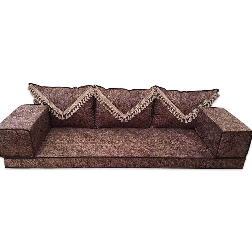 ELEGANT Brown Tassel Three Seater Majlis Floor Sofa Set