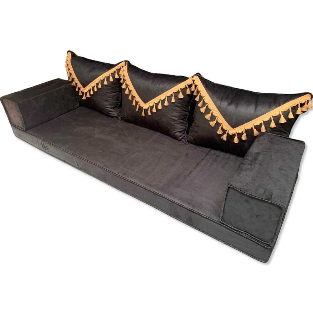 ELEGANT Black Tassel Three Seater Majlis Floor Sofa Set