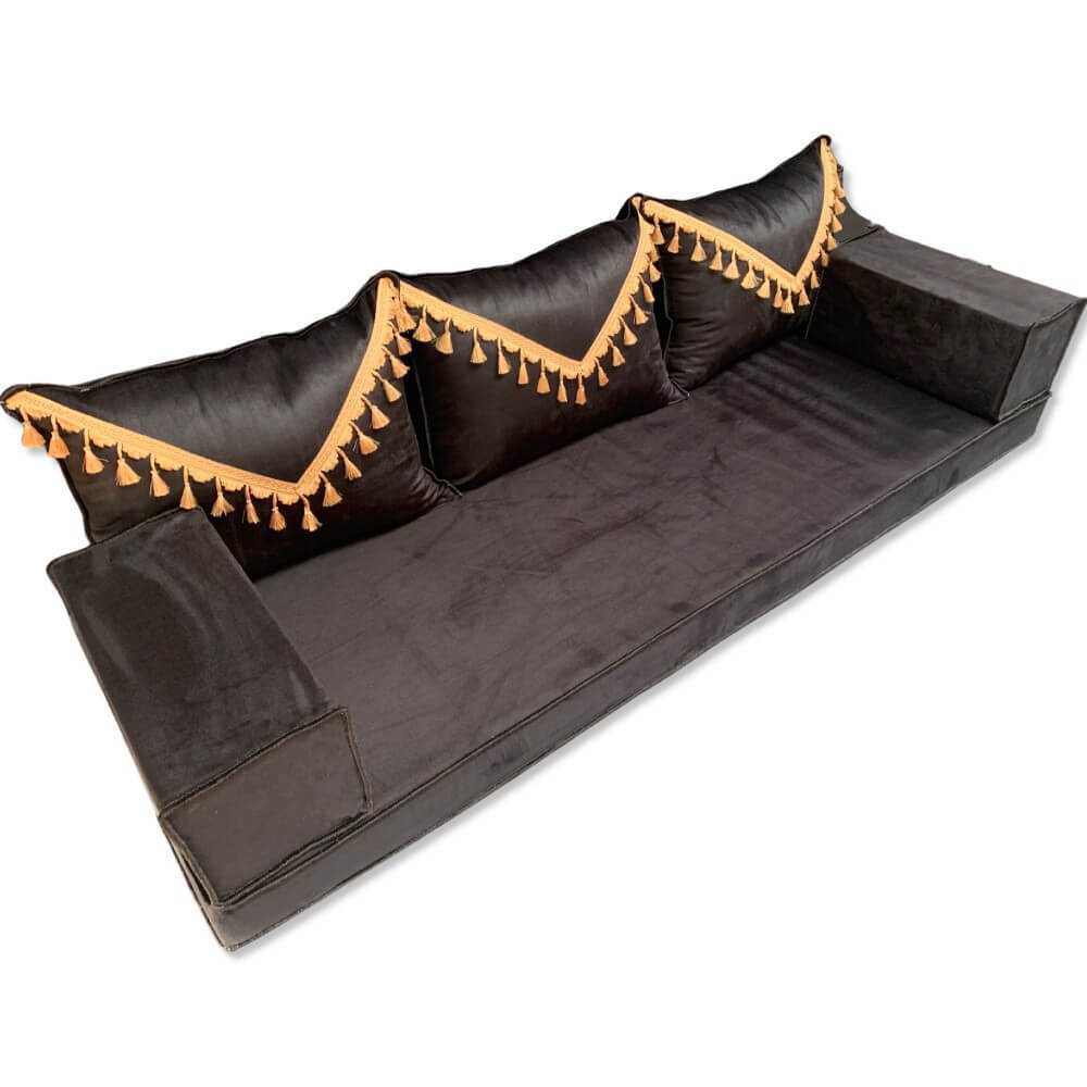 ELEGANT Black Tassel Three Seater Majlis Floor Sofa Set