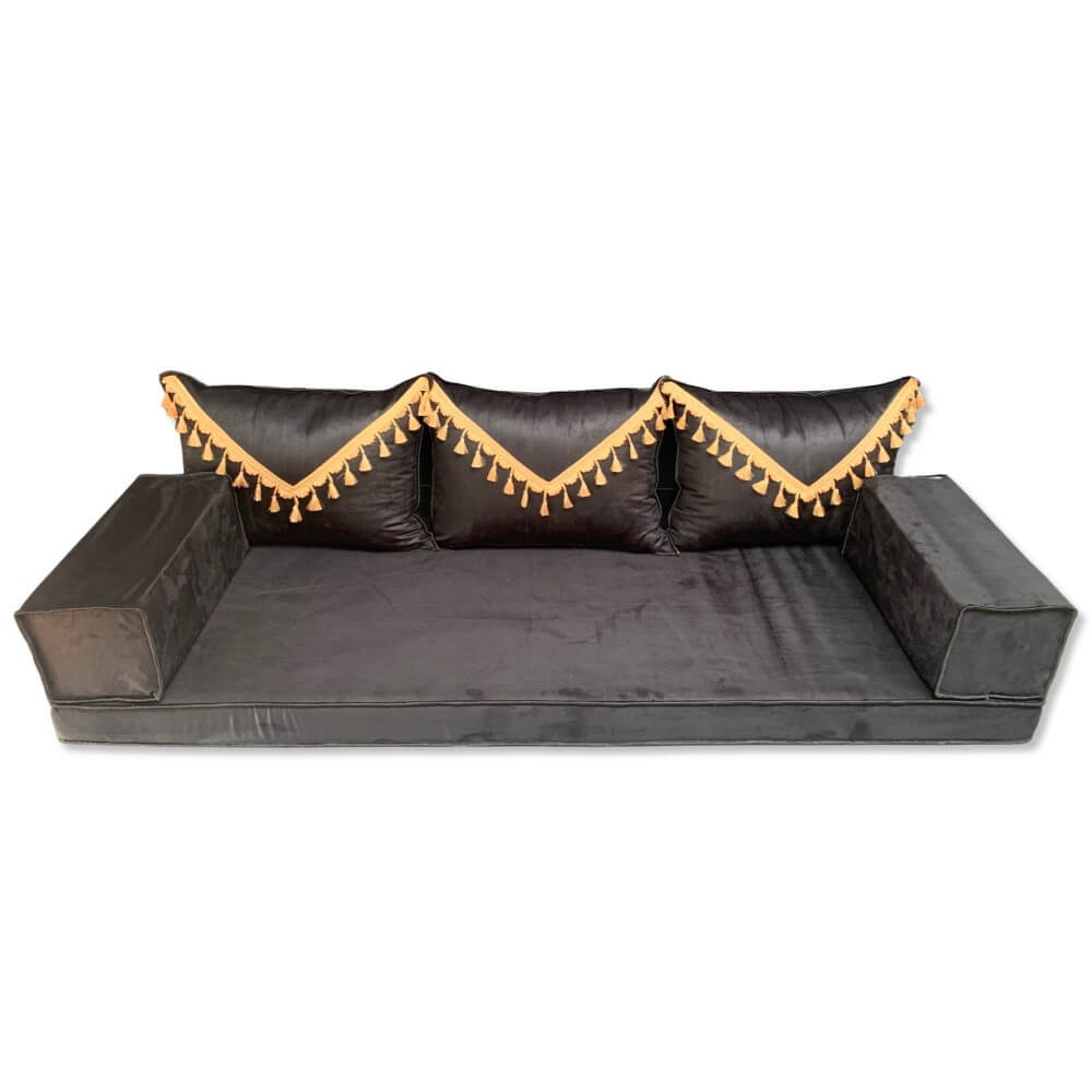 ELEGANT Black Tassel Three Seater Majlis Floor Sofa Set