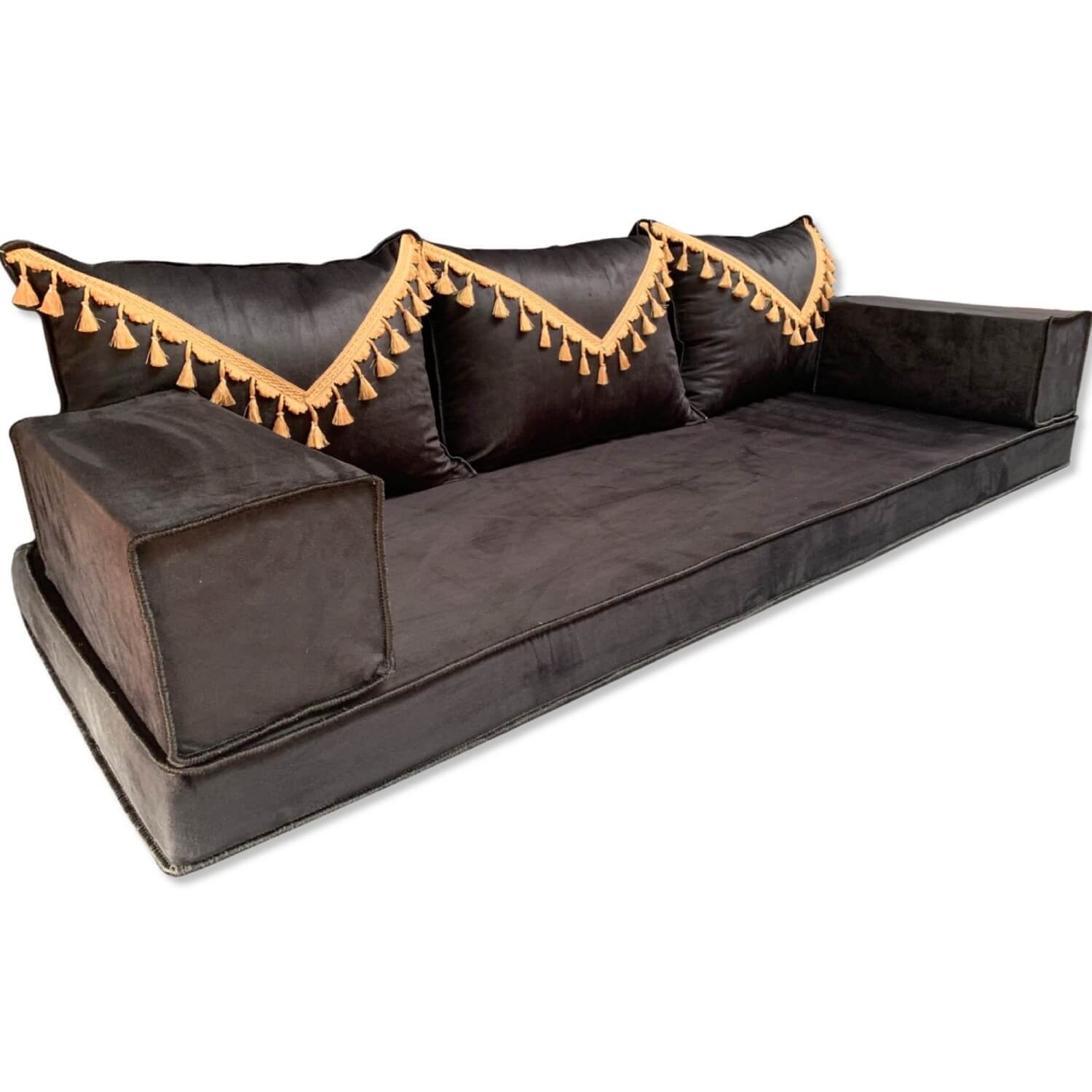 ELEGANT Black Tassel Three Seater Majlis Floor Sofa Set ELEGANT Black Tassel Three Seater Majlis Floor Sofa Set