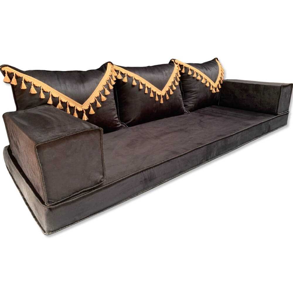 ELEGANT Black Tassel Three Seater Majlis Floor Sofa Set