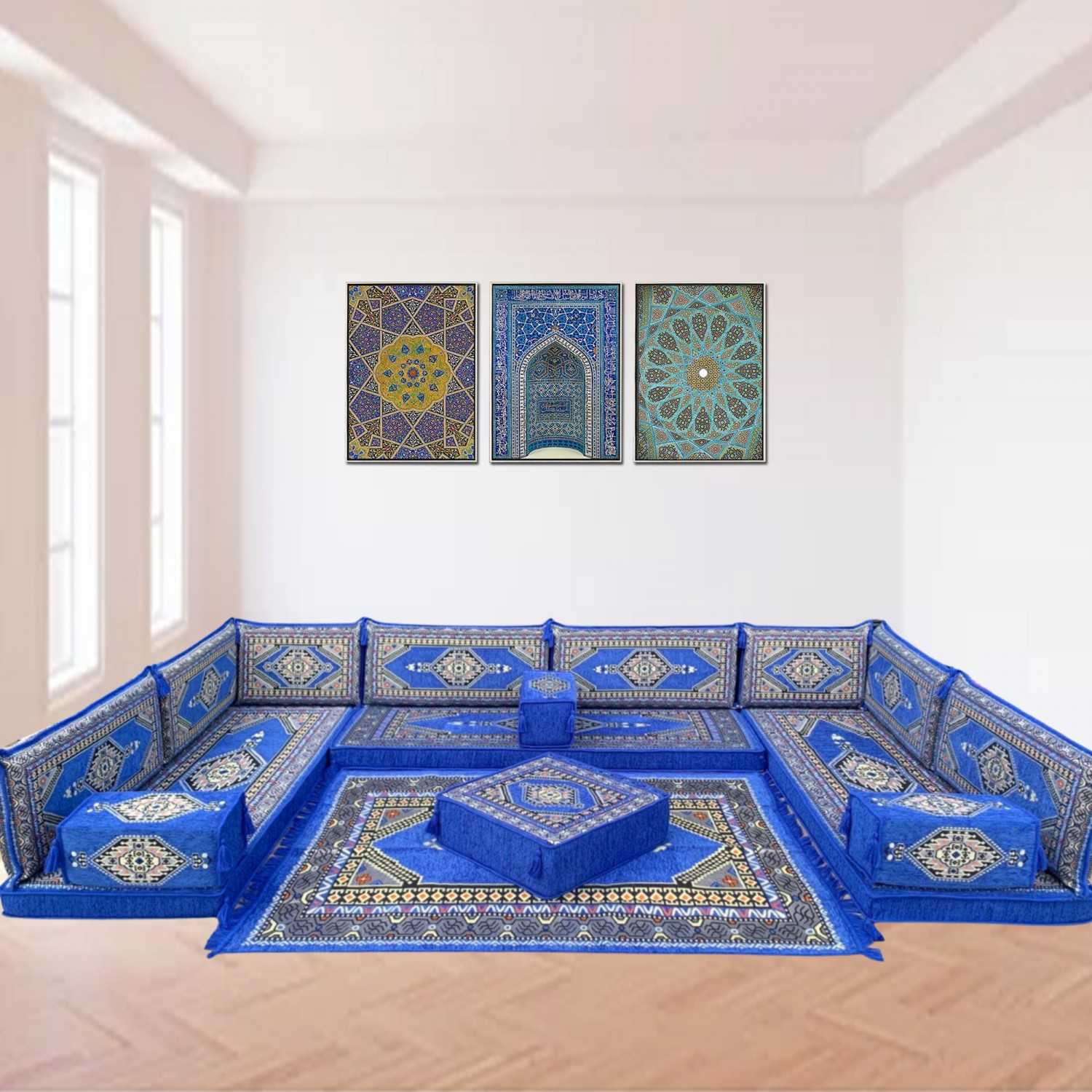 PALACE Royal Blue 16-Piece Modular U-Shaped Floor Sofa Set