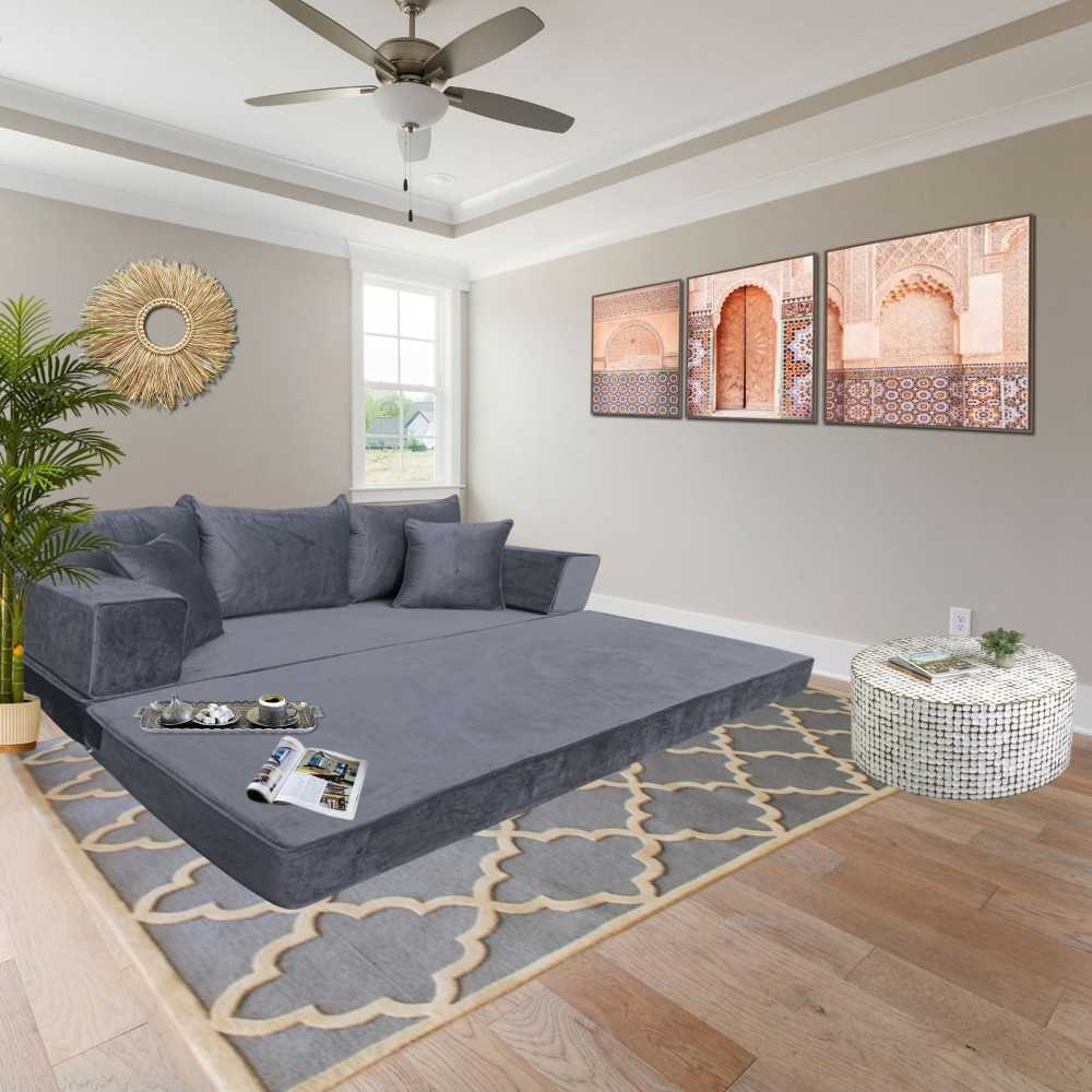 PLUSH Ash Grey Velvet Dual Base Floor Sofa Set